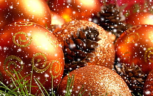 gold-colored and red beaded accessory, New Year, snow, Christmas ornaments , cones HD wallpaper