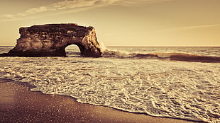 brown and white wooden table, landscape, nature, sea, Natural Bridges State Beach HD wallpaper