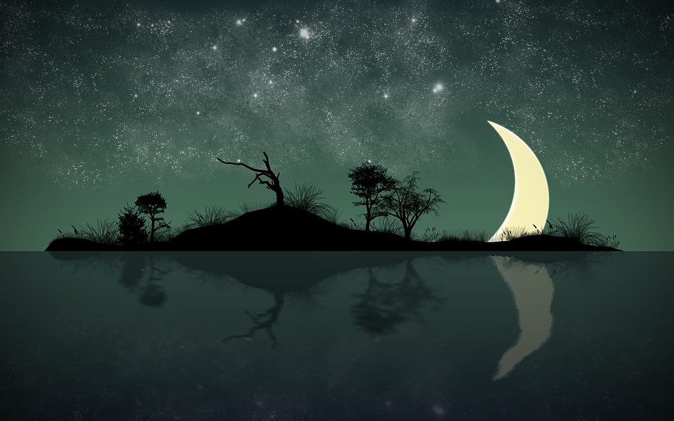 island on water against crescent moon, Moon, water HD wallpaper