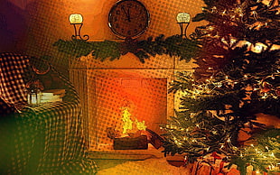 green Christmas tree and white fireplace, fireplace, trees, lights, clocks