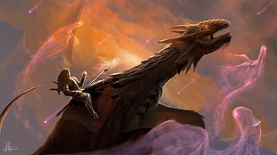 man holding spear riding dragon illustration, digital art, drawing, sky, dragon