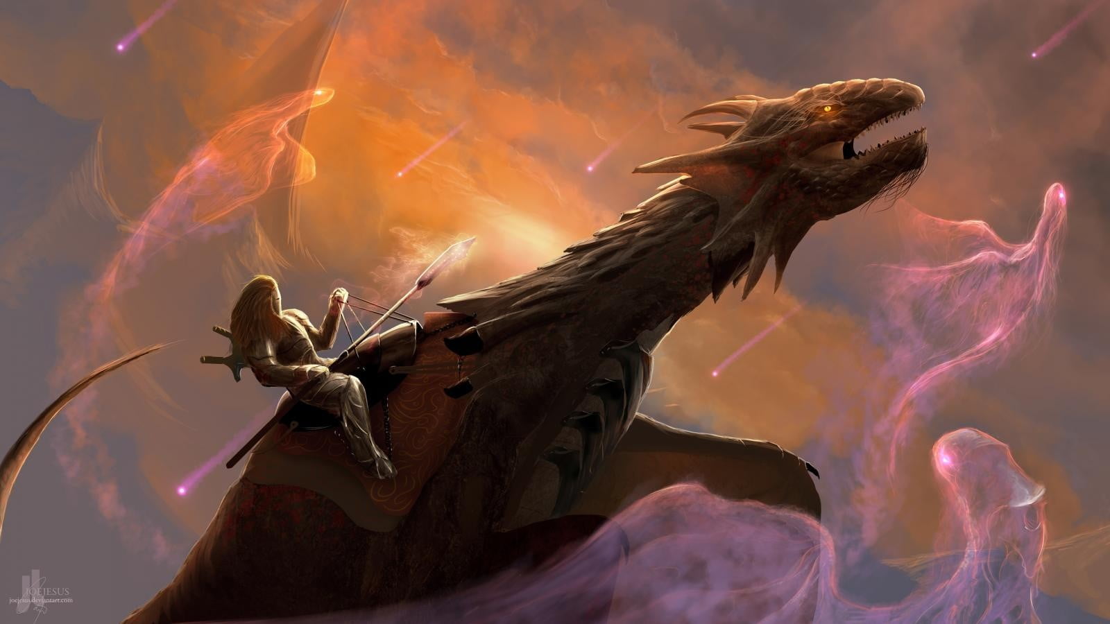 man holding spear riding dragon illustration, digital art, drawing, sky, dragon