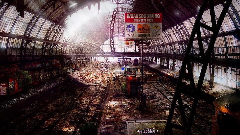 red and white labeled hanging signage, apocalyptic, Roy Korpel, digital art, train station HD wallpaper
