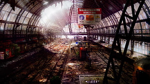 red and white labeled hanging signage, apocalyptic, Roy Korpel, digital art, train station