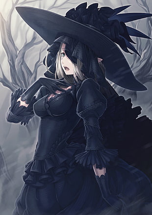 gray haired female anime character with black dress, fantasy art