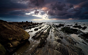 body of water with rocks, nature, sea, stones, clouds