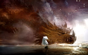 dragon at the sky and ship digital wallpaper, dragon, ship