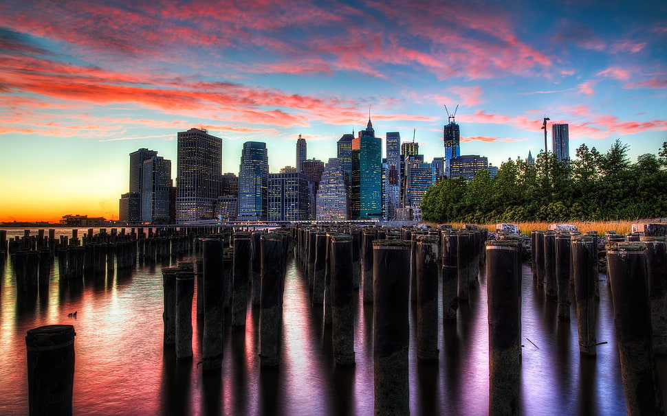 cityscape during golden hour, cityscape, HDR, building, reflection HD wallpaper
