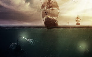 black and white sailboat digital wallpaper, pirates, underwater, ship, creature