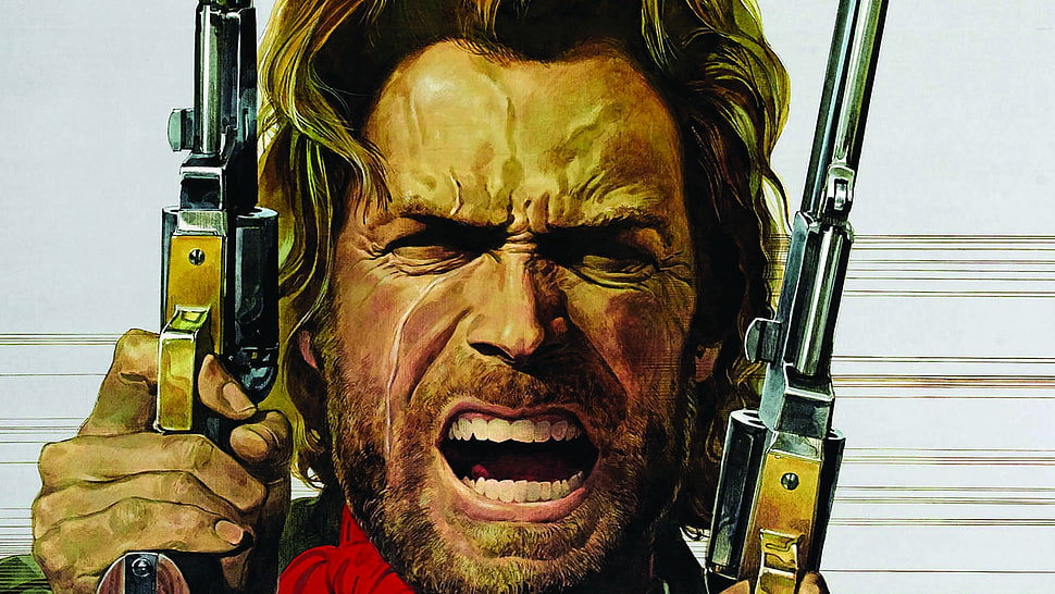 man holding two revolvers illustration, Clint Eastwood, movies, western, drawing HD wallpaper
