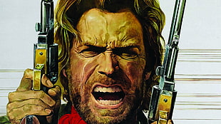 man holding two revolvers illustration, Clint Eastwood, movies, western, drawing
