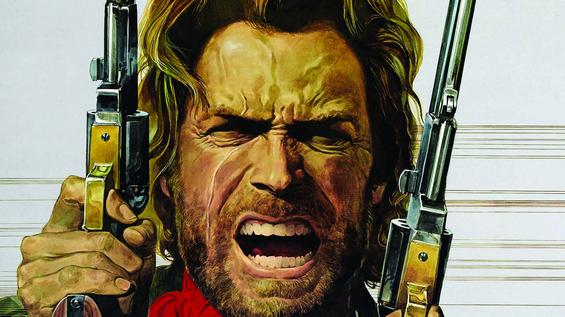 man holding two revolvers illustration, Clint Eastwood, movies, western, drawing