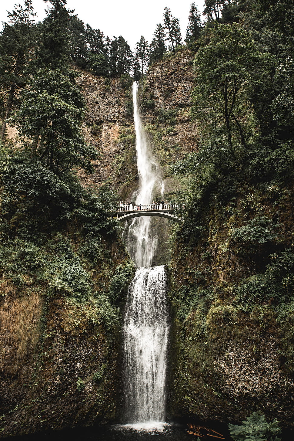 water fall near bridge at daytime HD wallpaper