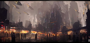 black and brown concrete building painting, science fiction, cyberpunk, fantasy art, cyber