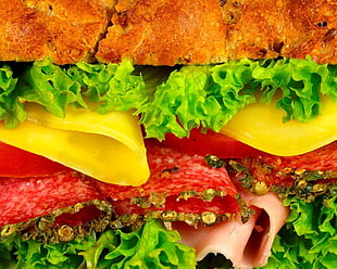 closeup photography of cheese, lettuce, tomatoes burger