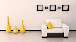 three beige ceramic base beside sofa chair