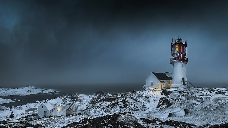 white and black lighthouse, nature, landscape, clouds, trees HD wallpaper