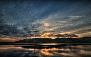 body of water, nature, sunset, sky, lake