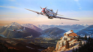 gray warplane over cabin digital wallpaper, digital art, North American P-51 Mustang, villages, snowy peak