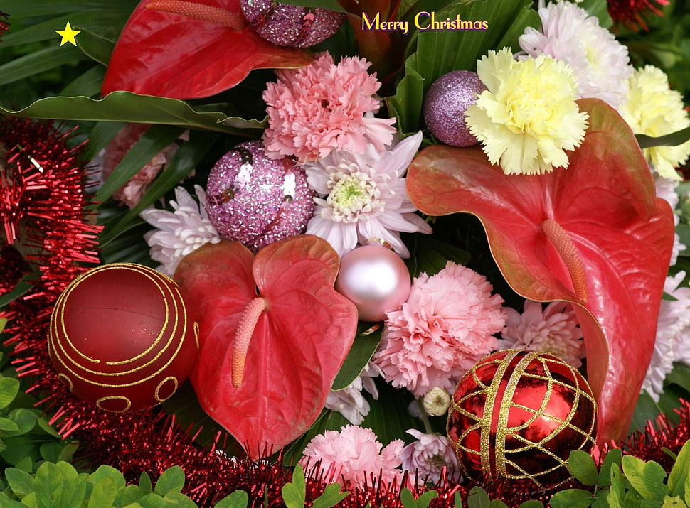 several flowers with three Christmas baubles on top of green surfce HD wallpaper