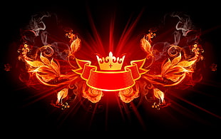 orange floral ribbon illustration, digital art, fire, crown