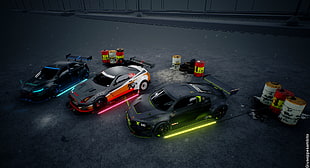 three assorted cars, car, garages, neon, Giuseppe Sambito