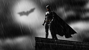 Batman illustration, Batman, rooftops, rain, Bat signal HD wallpaper