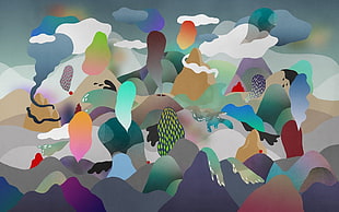 multicolored body of water and mountains abstract illustration