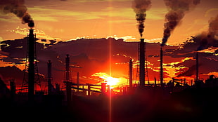 chimney with smoke, sunset, factory tubes, smoke, industrial HD wallpaper