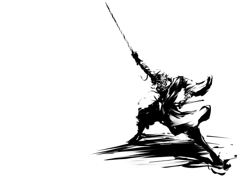 black swordsman sketch, monochrome, white background HD wallpaper