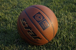 brown and black Fiba Star basketball on green grass HD wallpaper