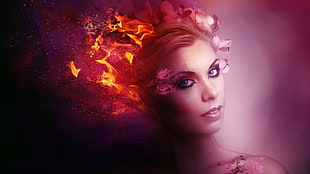 woman with floral and flaming hair wallpaper