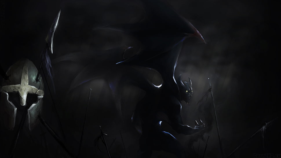 black monster with gray knight helmet illustration HD wallpaper