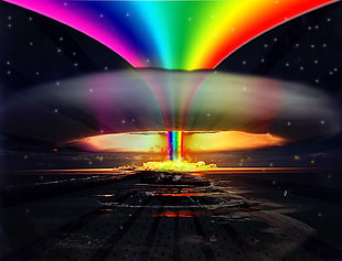 rainbow explosion digital art, nuclear, rainbows, colorful, explosion