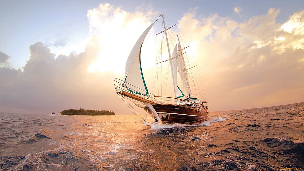 brown wooden ship, boat, vehicle, sea HD wallpaper