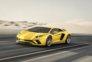yellow Lamborghini Aventador Spyder on black top road HD wallpaper