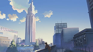 anime movie still, anime, city, clouds, skyscraper