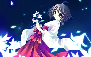 short gray hair white and red dress female anime character holding white petaled flower