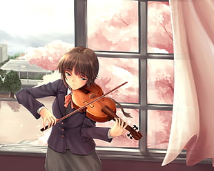 black haired female anime character playing violin digital wallpaper