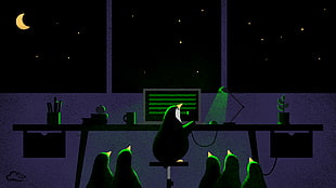 illustration of penguin using laptop, digitalocean, penguins, night, computer