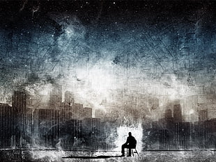 silhouette of man sitting on chair beside buildings painting, Alex Cherry, artwork, digital art, city HD wallpaper