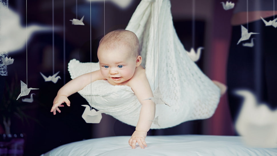 baby on white hanging sleeping bag HD wallpaper
