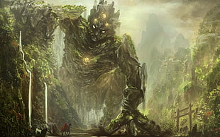 warrior in front of rock monster digital wallpaper, fantasy art