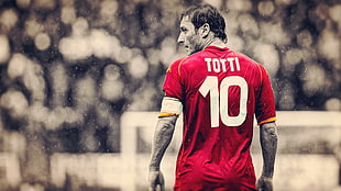 selective color photography of Totti standing near goal net, soccer, HDR, Francesco Totti, AS Roma
