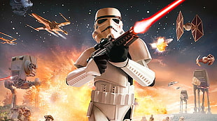 Storm trooper holding laser gun photo HD wallpaper