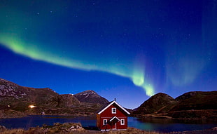 house near the lake under northern lights HD wallpaper