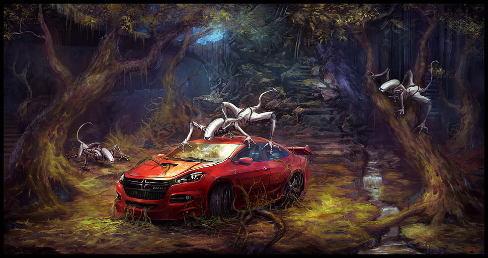 red car in forest digital wallpaper, Peter Ortiz HD wallpaper