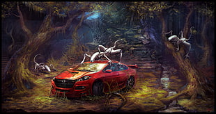 red car in forest digital wallpaper, Peter Ortiz