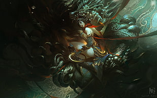 female fantasy character digital art, fantasy art, dragon HD wallpaper