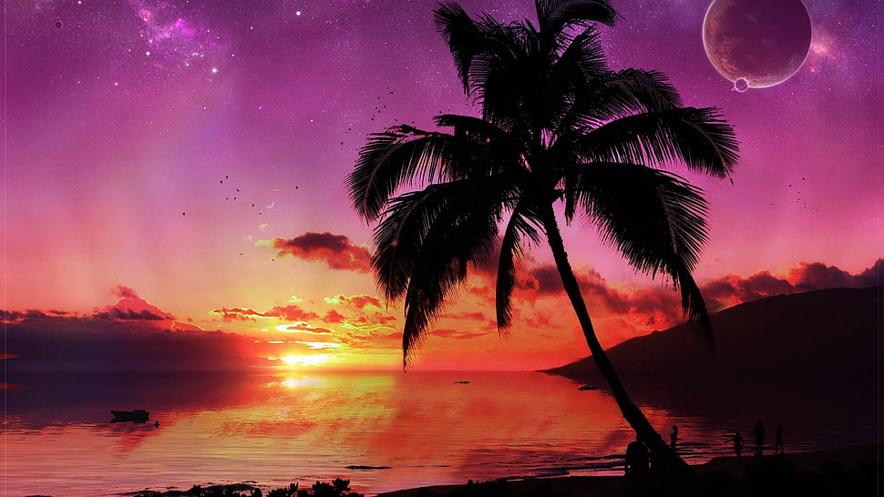 silhouette of coconut tree during golden hour painting, sunset, beach, digital art, space art HD wallpaper
